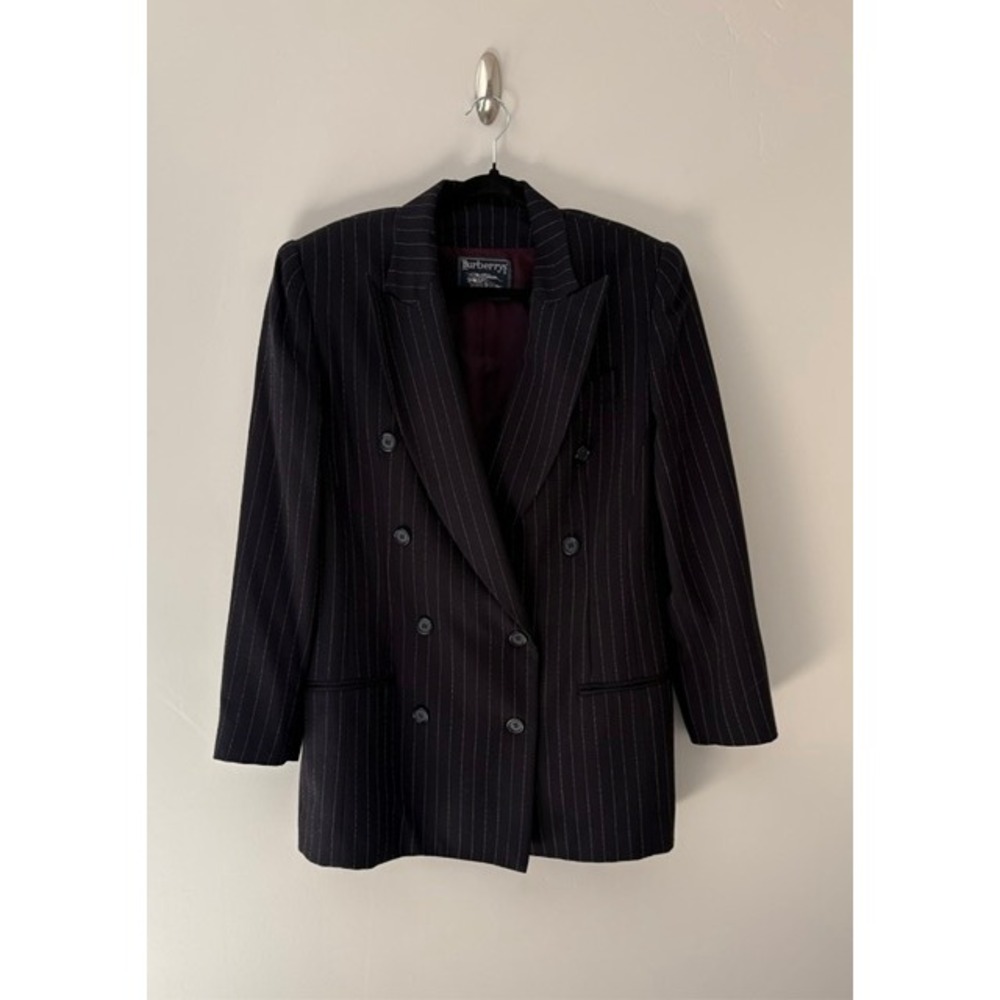 Vintage Burberrys 100% Wool Pinstripe Double Breasted Blazer Shoulder Pads Sz 8